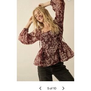 Promesa Floral Print Organza Puff-Sleeve Peplum Top Size L